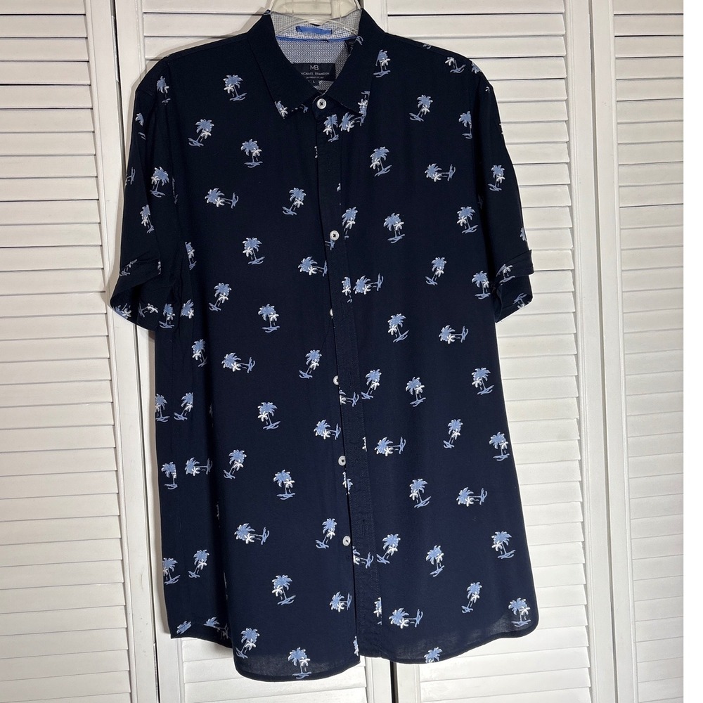 Michael Brandon Mens Large Slim Fit Palm Tree Print Short Sleeve ButtonDown Navy